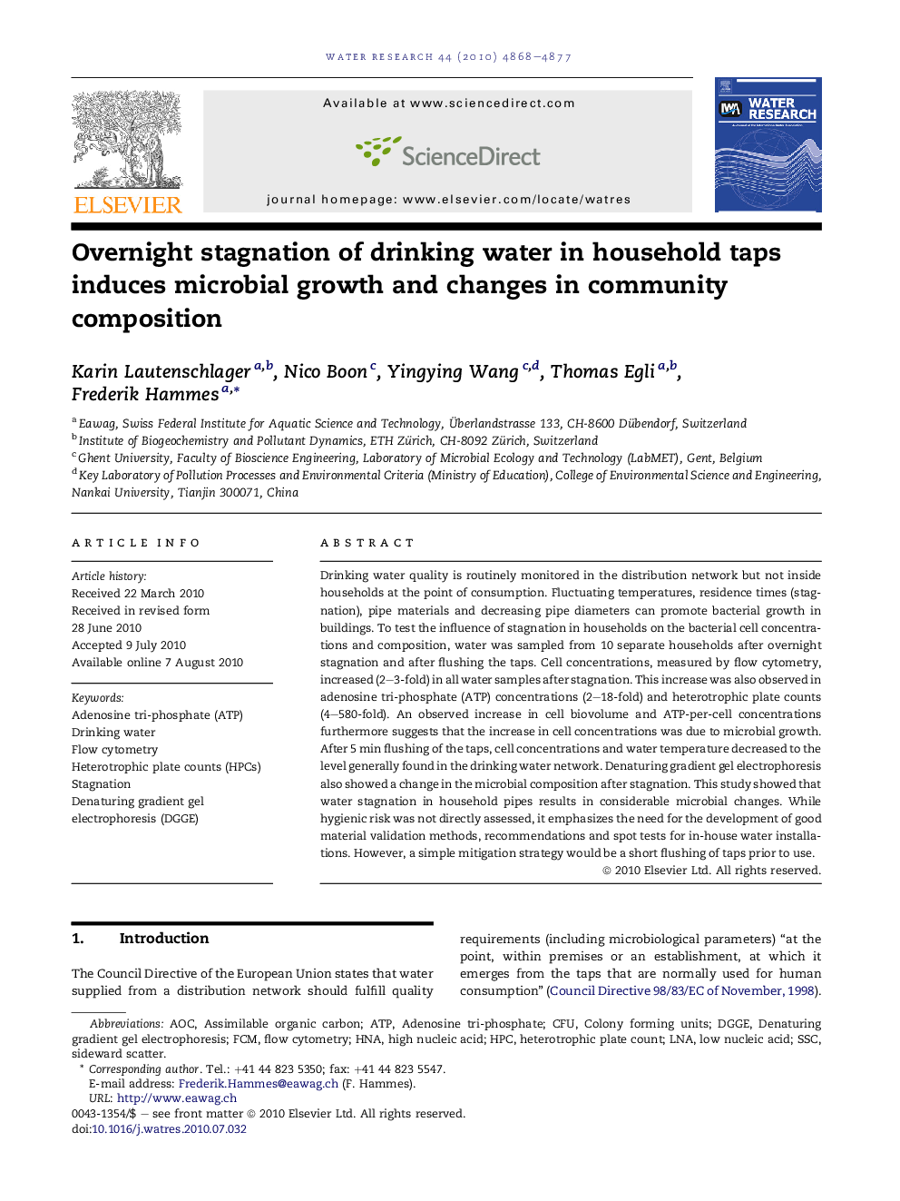 Overnight stagnation of drinking water in household taps induces microbial growth and changes in community composition