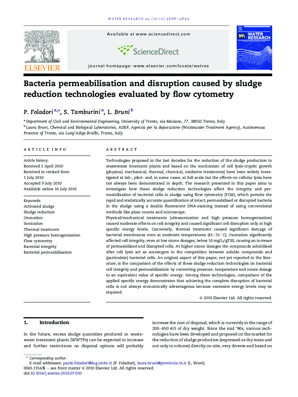 Bacteria permeabilisation and disruption caused by sludge reduction technologies evaluated by flow cytometry