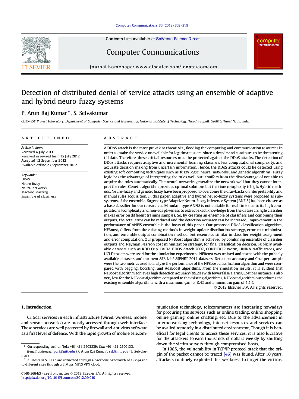 Detection of distributed denial of service attacks using an ensemble of adaptive and hybrid neuro-fuzzy systems