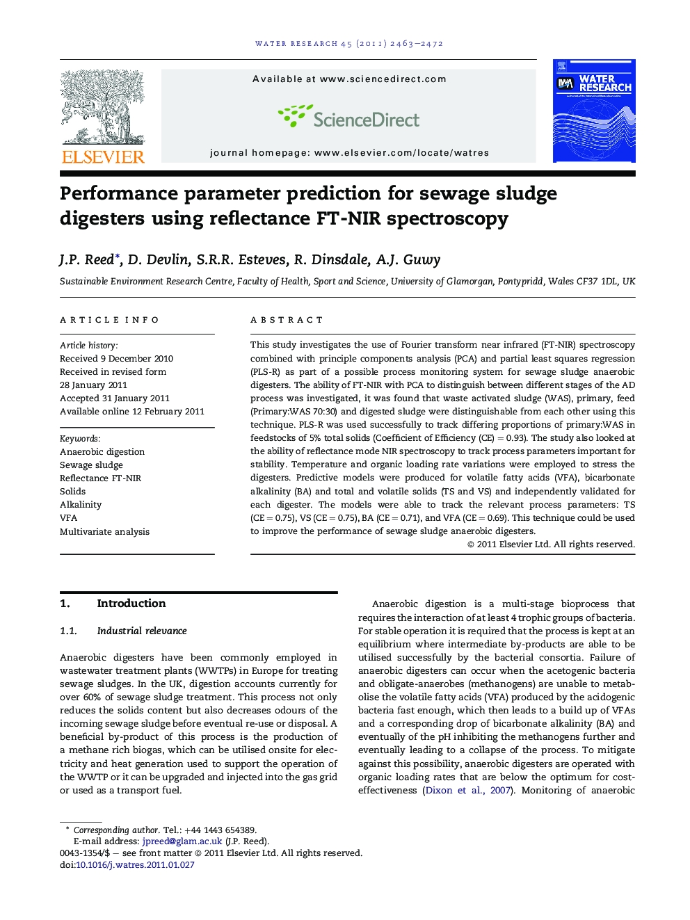 Performance parameter prediction for sewage sludge digesters using reflectance FT-NIR spectroscopy