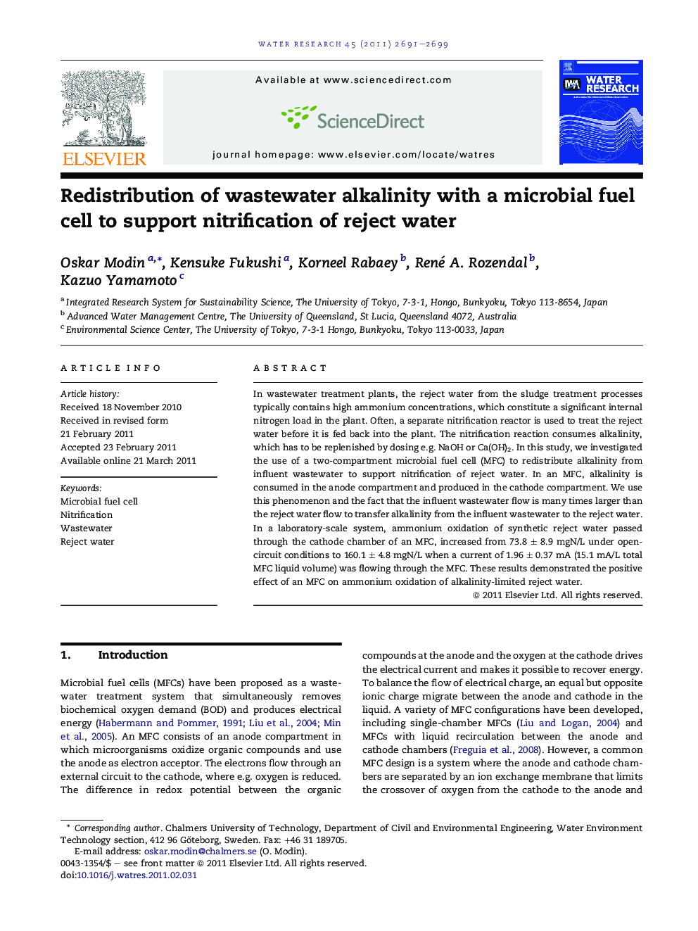 Redistribution of wastewater alkalinity with a microbial fuel cell to support nitrification of reject water