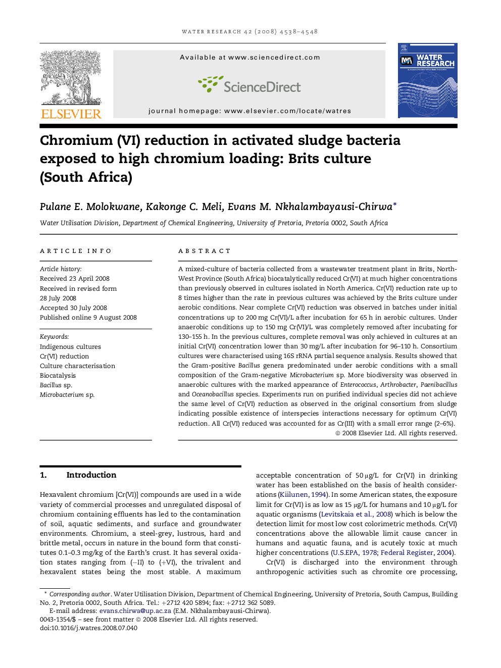 Chromium (VI) reduction in activated sludge bacteria exposed to high chromium loading: Brits culture (South Africa)