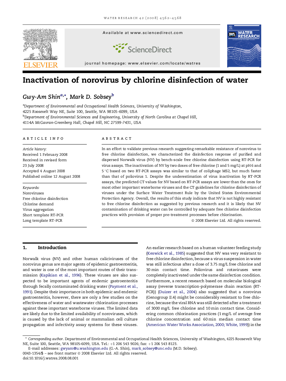 Inactivation of norovirus by chlorine disinfection of water