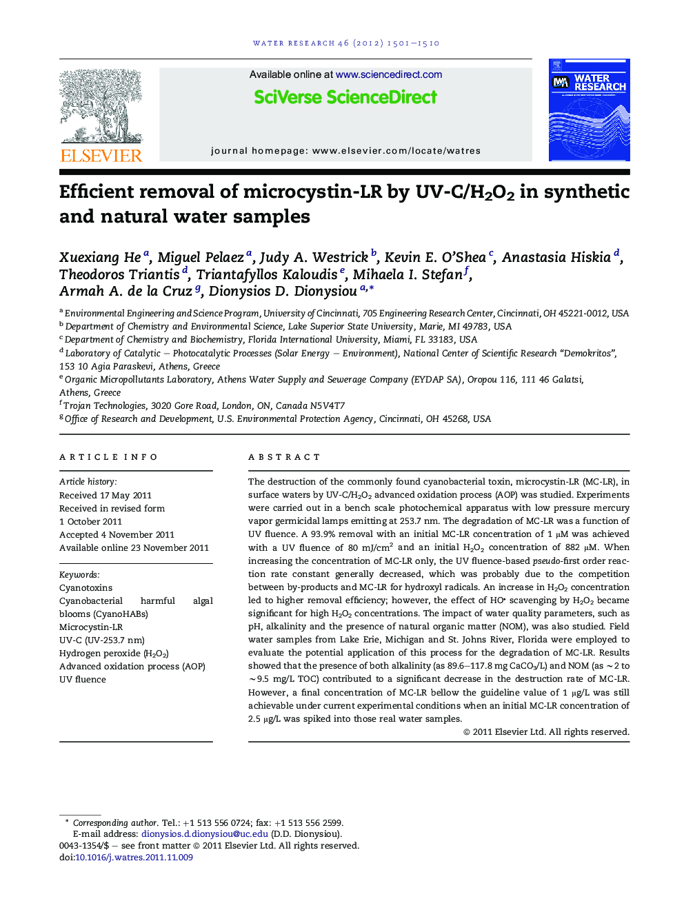 Efficient removal of microcystin-LR by UV-C/H2O2 in synthetic and natural water samples