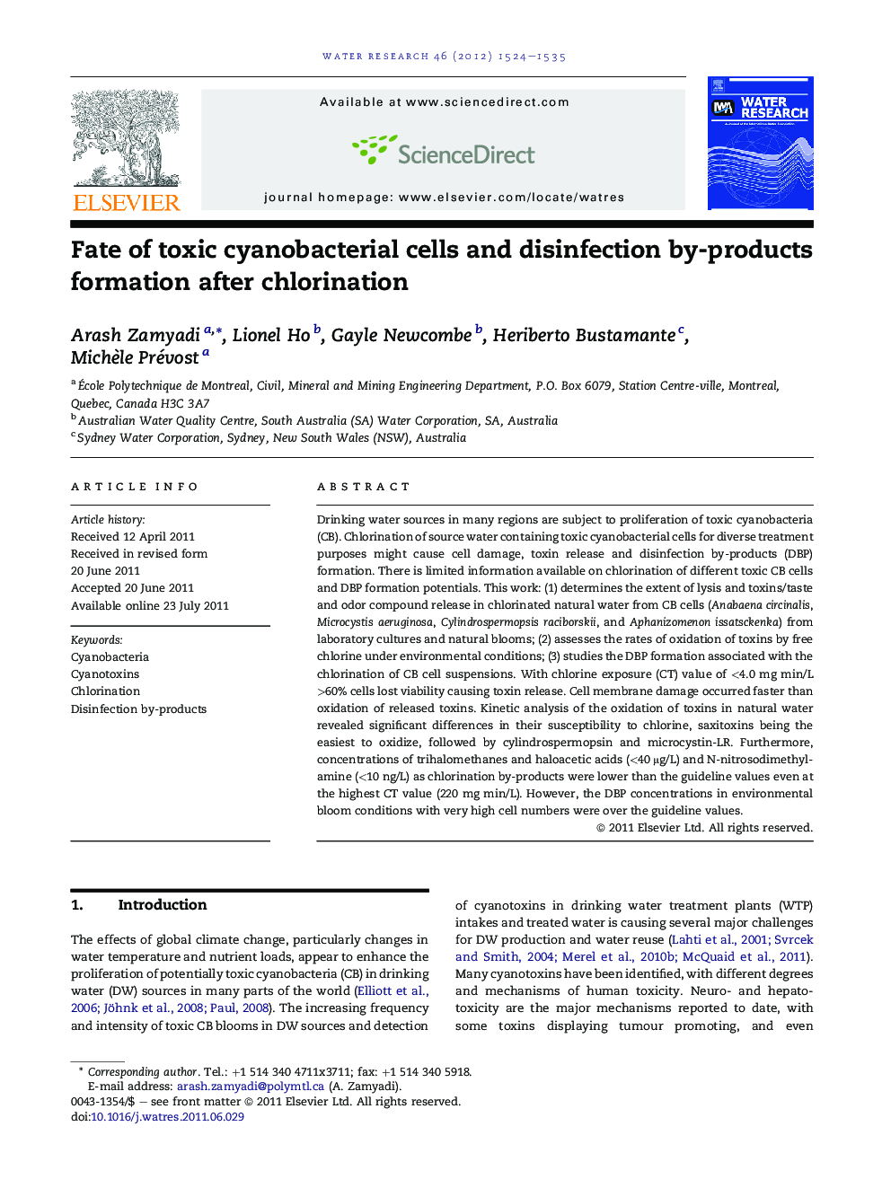 Fate of toxic cyanobacterial cells and disinfection by-products formation after chlorination