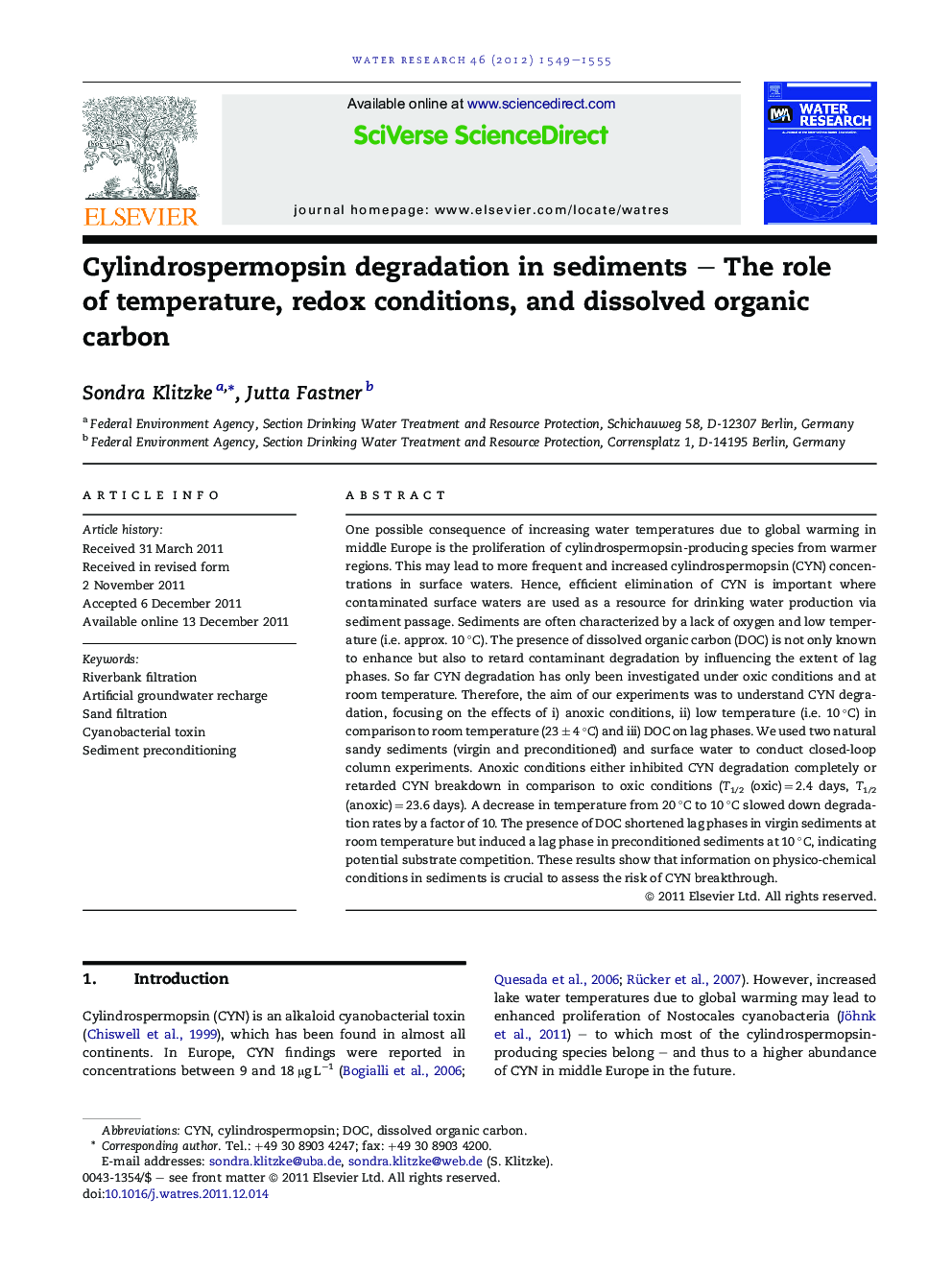 Cylindrospermopsin degradation in sediments – The role of temperature, redox conditions, and dissolved organic carbon