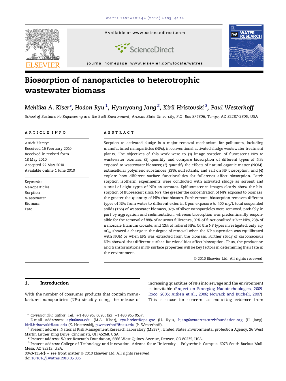 Biosorption of nanoparticles to heterotrophic wastewater biomass