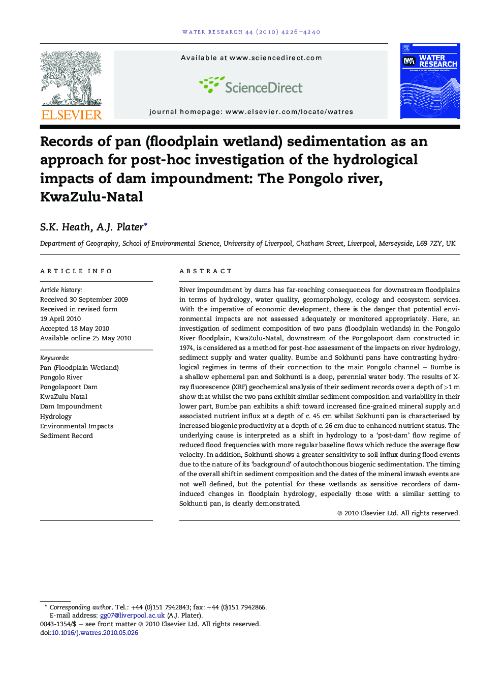 Records of pan (floodplain wetland) sedimentation as an approach for post-hoc investigation of the hydrological impacts of dam impoundment: The Pongolo river, KwaZulu-Natal