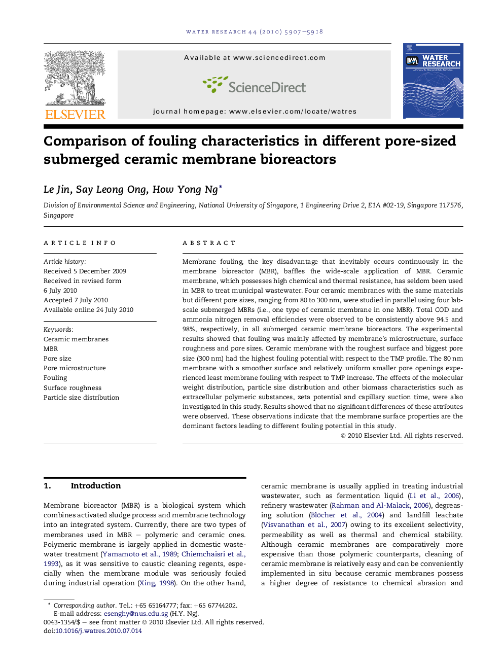 Comparison of fouling characteristics in different pore-sized submerged ceramic membrane bioreactors