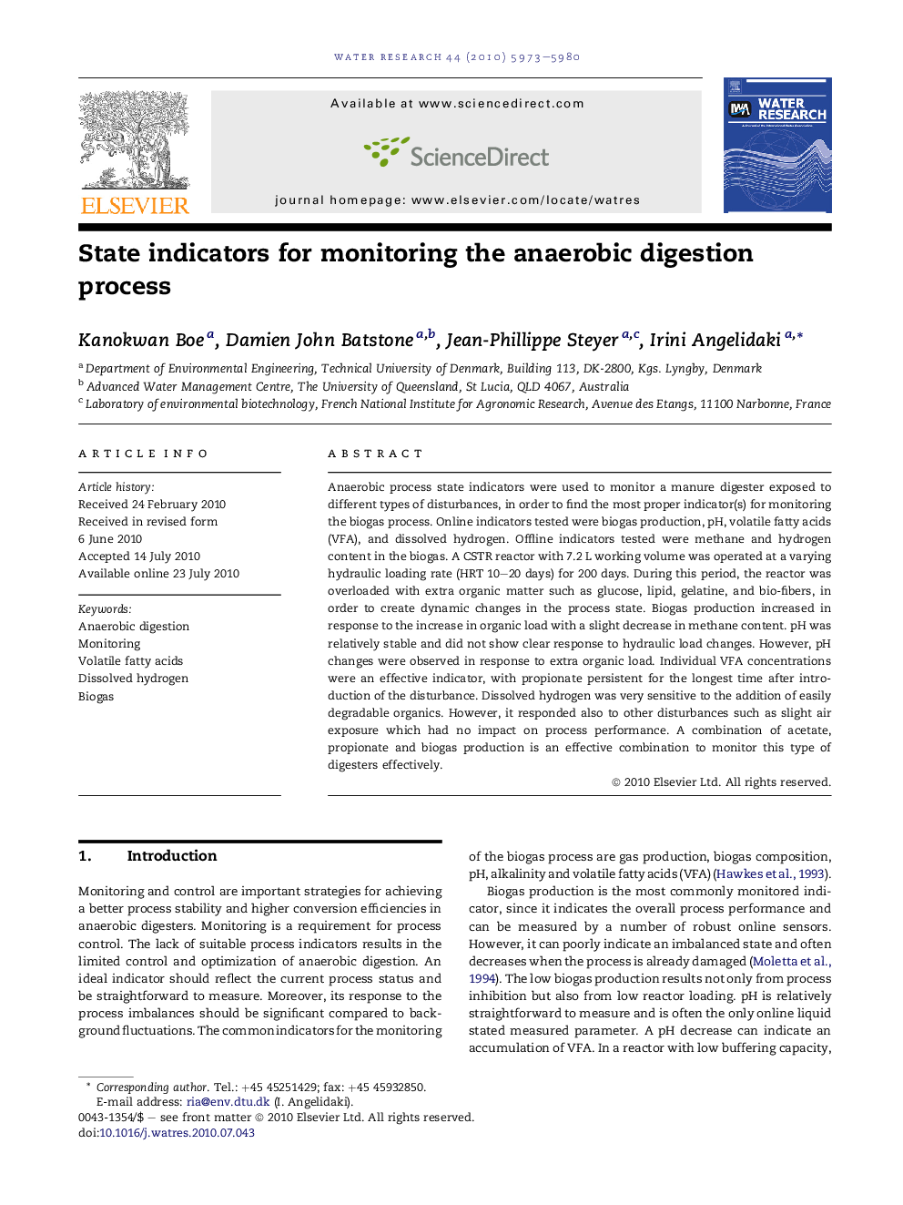 State indicators for monitoring the anaerobic digestion process