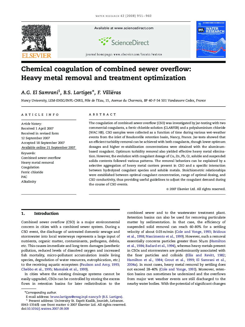 Chemical coagulation of combined sewer overflow: Heavy metal removal and treatment optimization