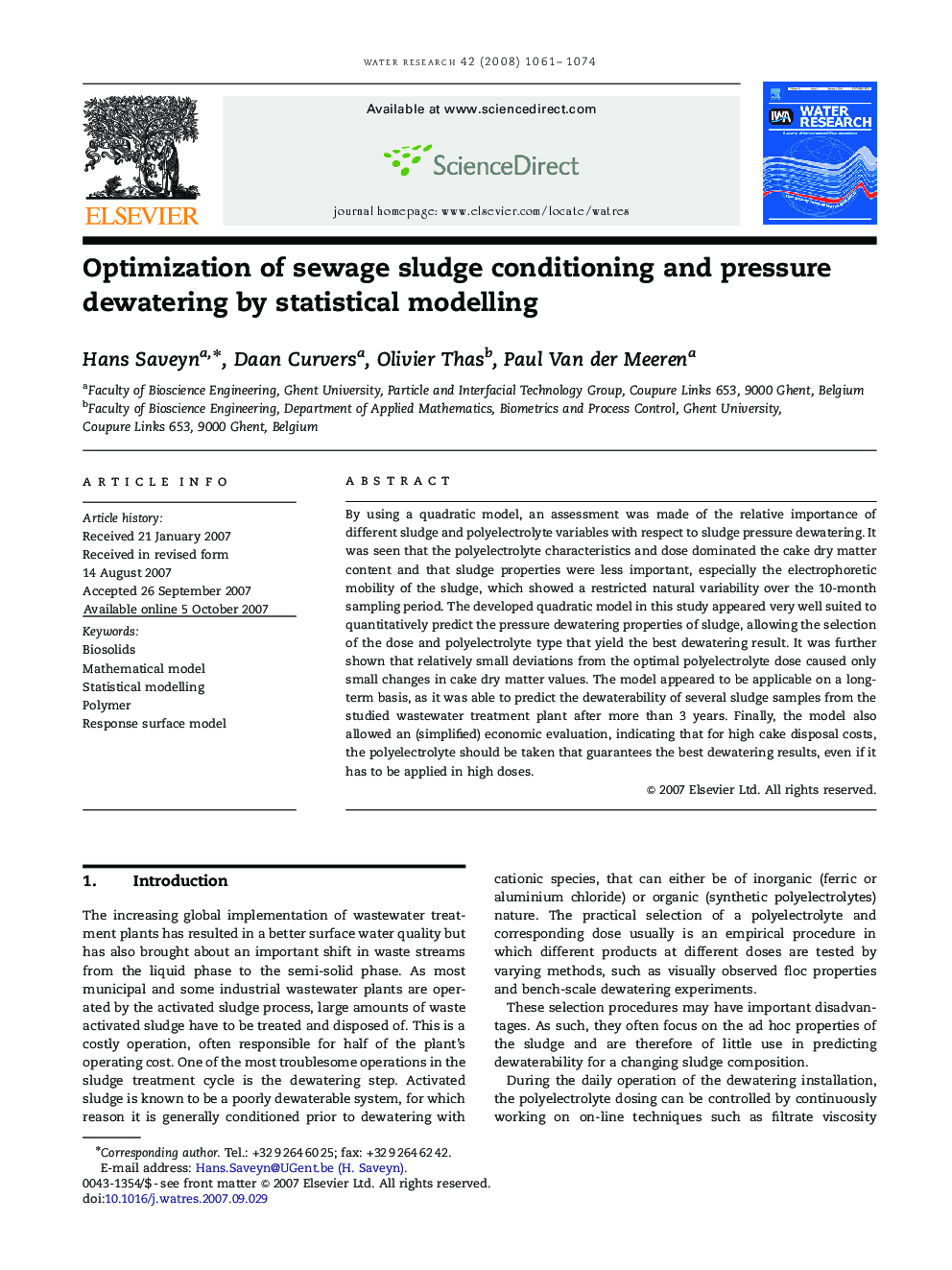 Optimization of sewage sludge conditioning and pressure dewatering by statistical modelling