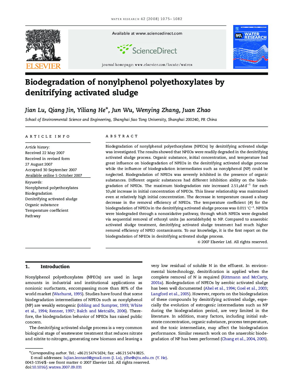 Biodegradation of nonylphenol polyethoxylates by denitrifying activated sludge