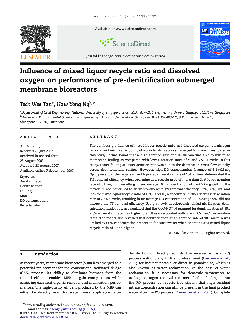 Influence of mixed liquor recycle ratio and dissolved oxygen on performance of pre-denitrification submerged membrane bioreactors