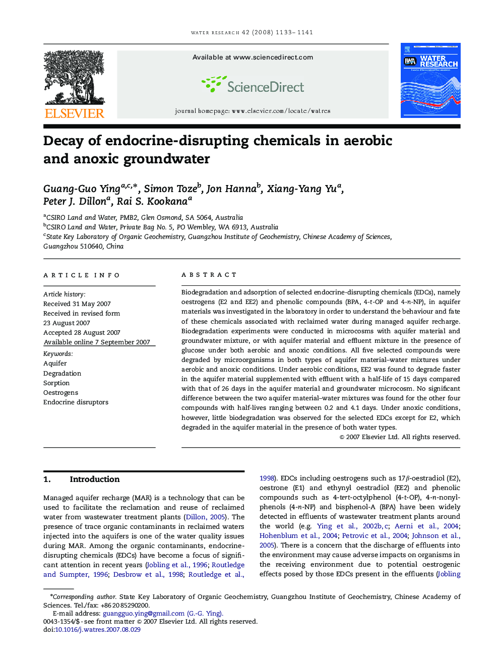 Decay of endocrine-disrupting chemicals in aerobic and anoxic groundwater