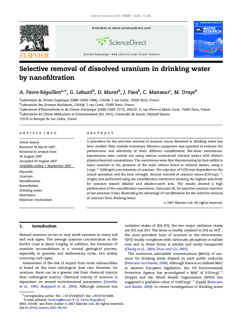 Selective removal of dissolved uranium in drinking water by nanofiltration