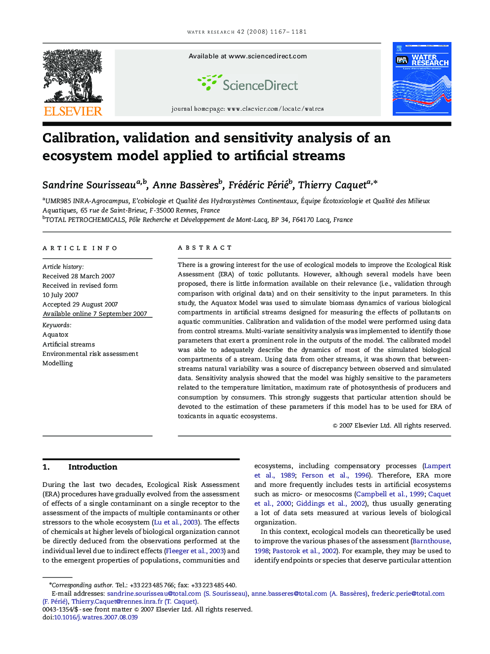 Calibration, validation and sensitivity analysis of an ecosystem model applied to artificial streams