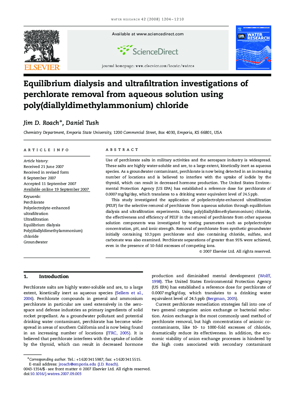 Equilibrium dialysis and ultrafiltration investigations of perchlorate removal from aqueous solution using poly(diallyldimethylammonium) chloride