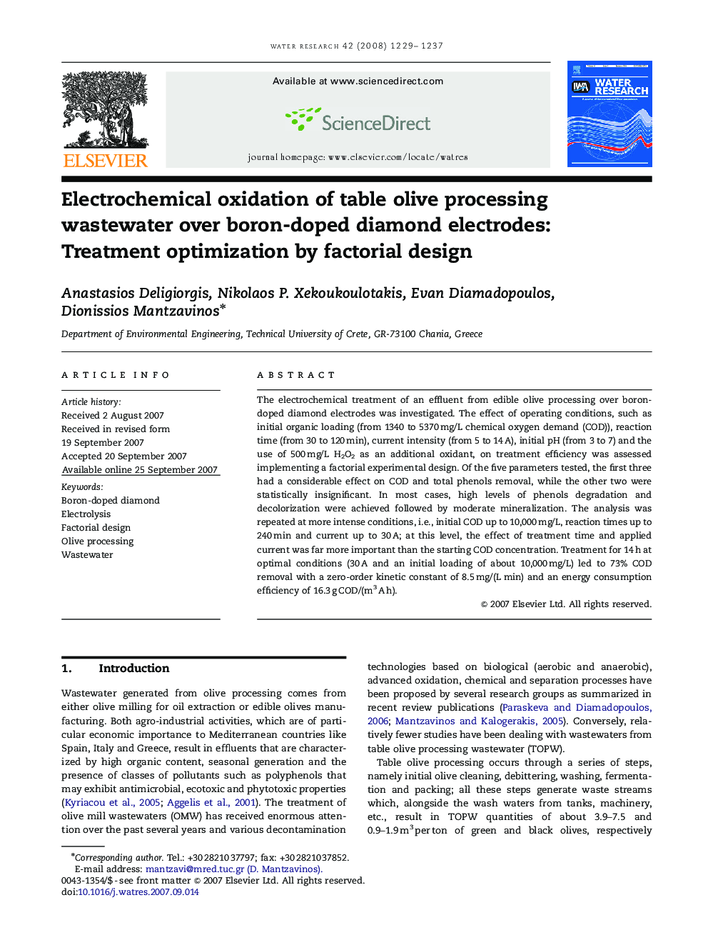 Electrochemical oxidation of table olive processing wastewater over boron-doped diamond electrodes: Treatment optimization by factorial design