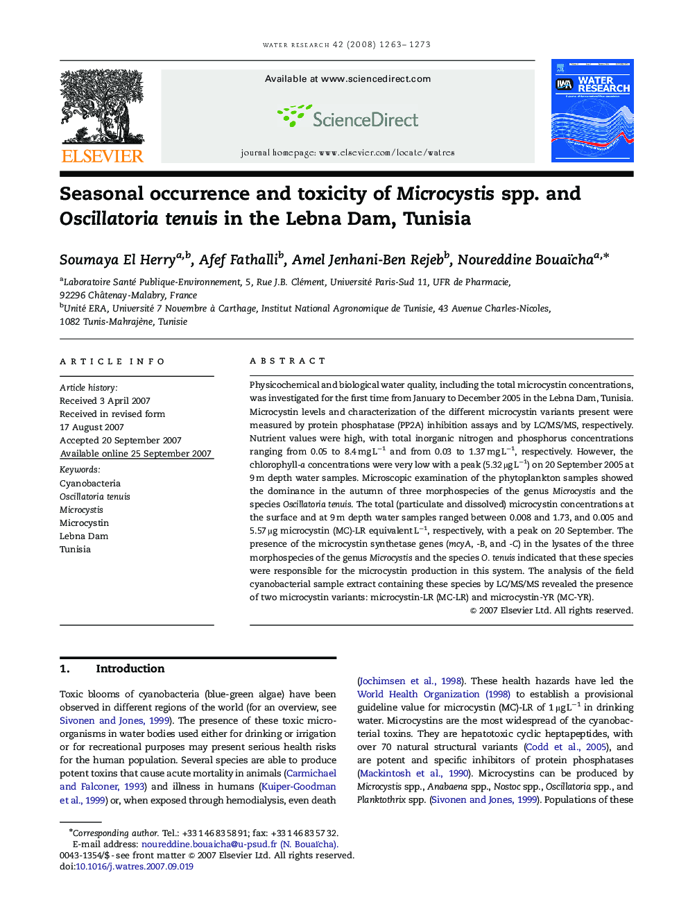 Seasonal occurrence and toxicity of Microcystis spp. and Oscillatoria tenuis in the Lebna Dam, Tunisia