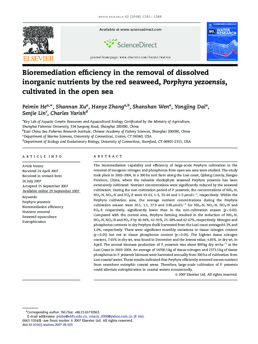 Bioremediation efficiency in the removal of dissolved inorganic nutrients by the red seaweed, Porphyra yezoensis, cultivated in the open sea