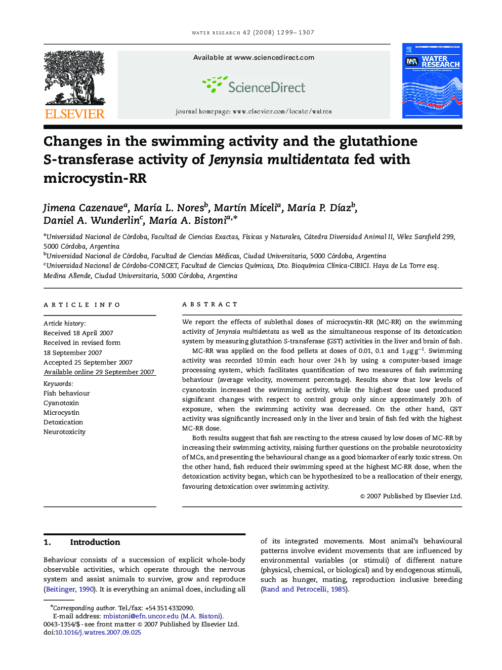 Changes in the swimming activity and the glutathione S-transferase activity of Jenynsia multidentata fed with microcystin-RR