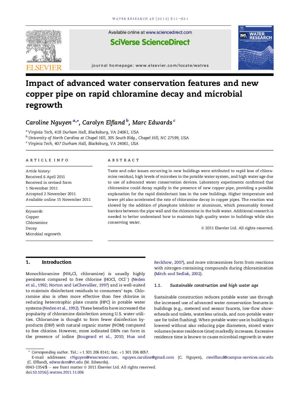 Impact of advanced water conservation features and new copper pipe on rapid chloramine decay and microbial regrowth