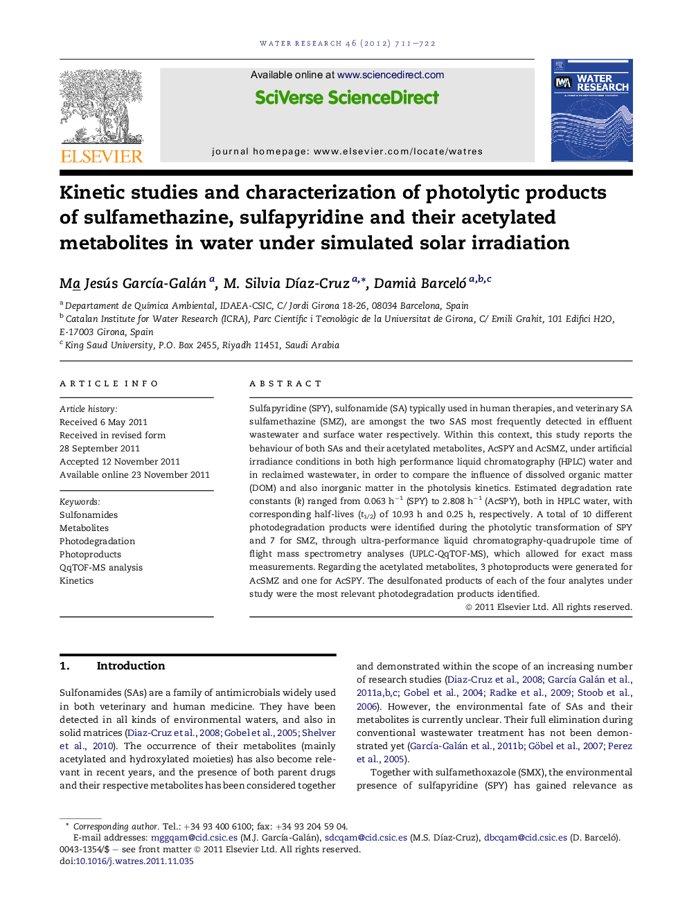 Kinetic studies and characterization of photolytic products of sulfamethazine, sulfapyridine and their acetylated metabolites in water under simulated solar irradiation