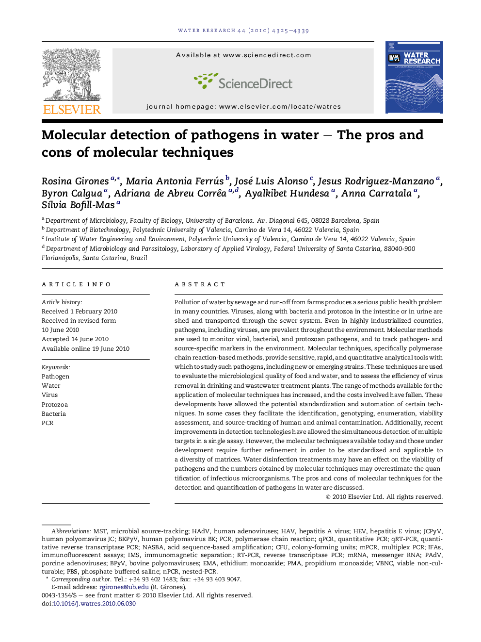 Molecular detection of pathogens in water – The pros and cons of molecular techniques