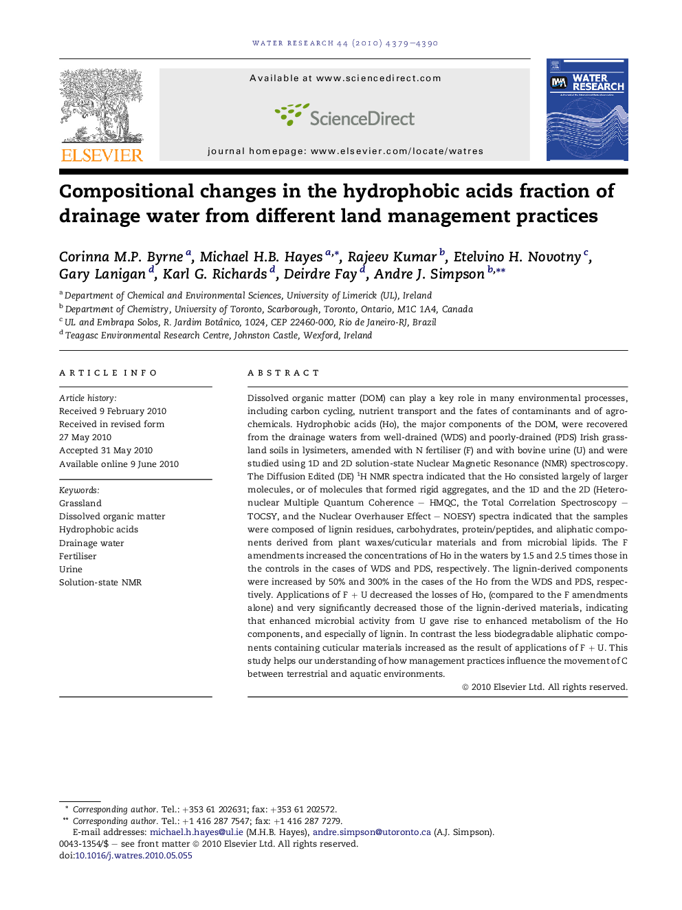 Compositional changes in the hydrophobic acids fraction of drainage water from different land management practices