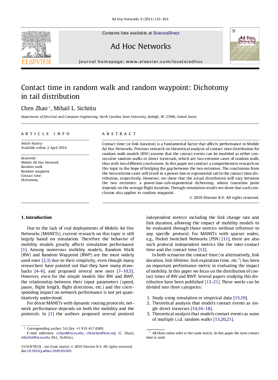 Contact time in random walk and random waypoint: Dichotomy in tail distribution