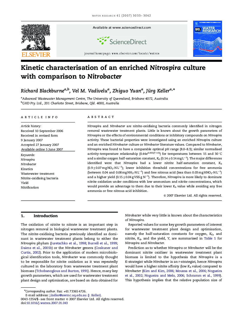 Kinetic characterisation of an enriched Nitrospira culture with comparison to Nitrobacter