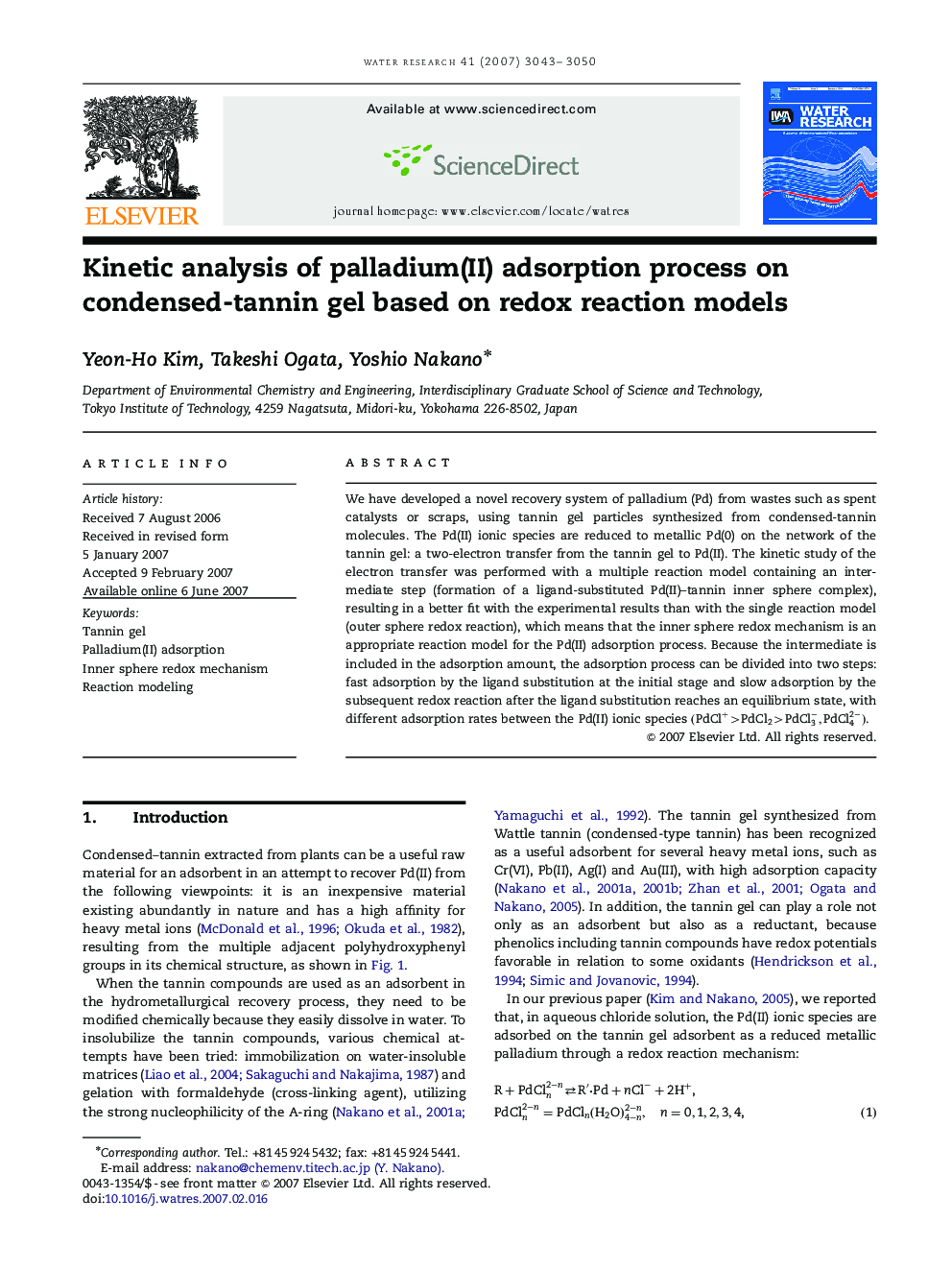 Kinetic analysis of palladium(II) adsorption process on condensed-tannin gel based on redox reaction models