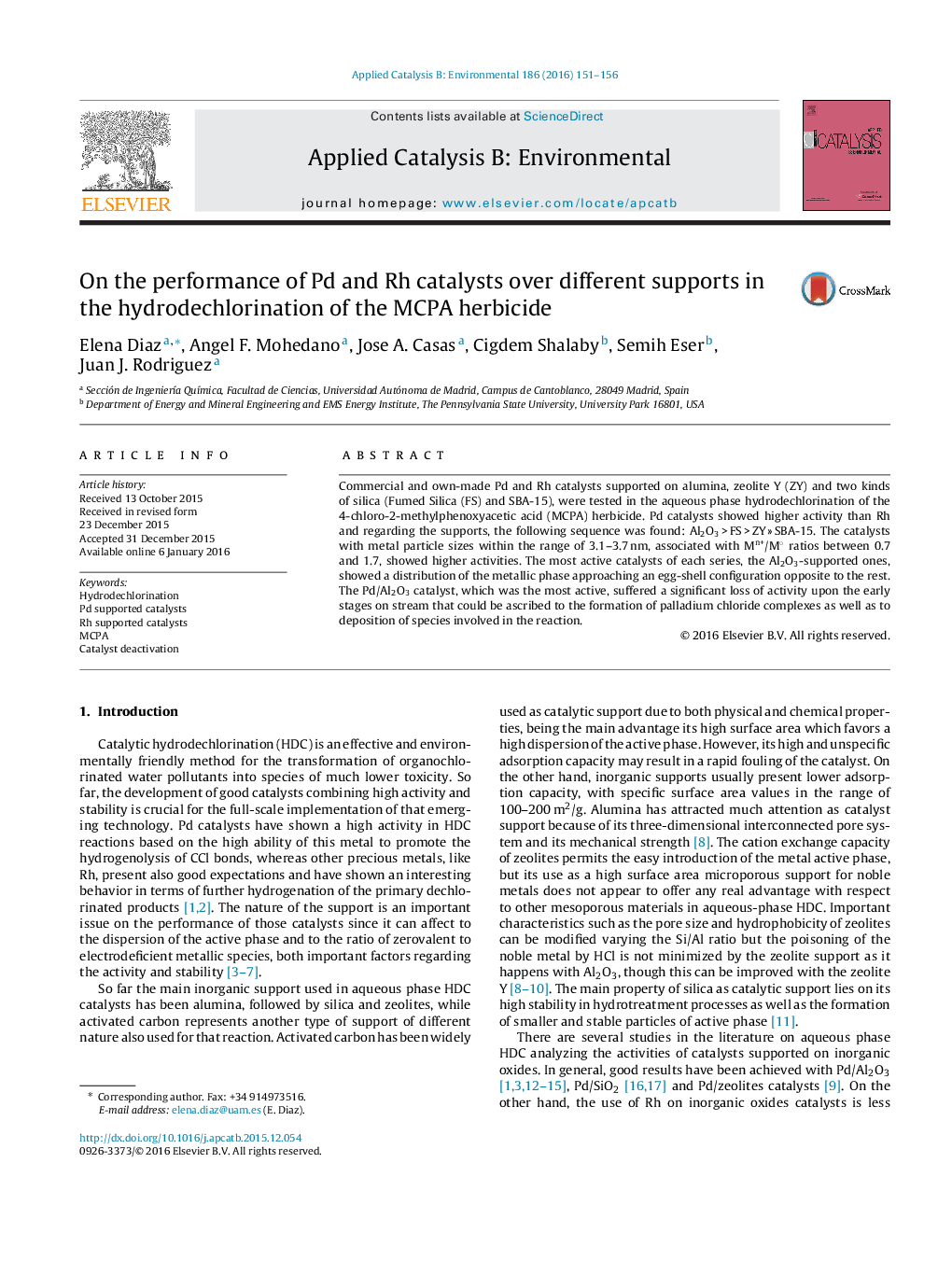 On the performance of Pd and Rh catalysts over different supports in the hydrodechlorination of the MCPA herbicide