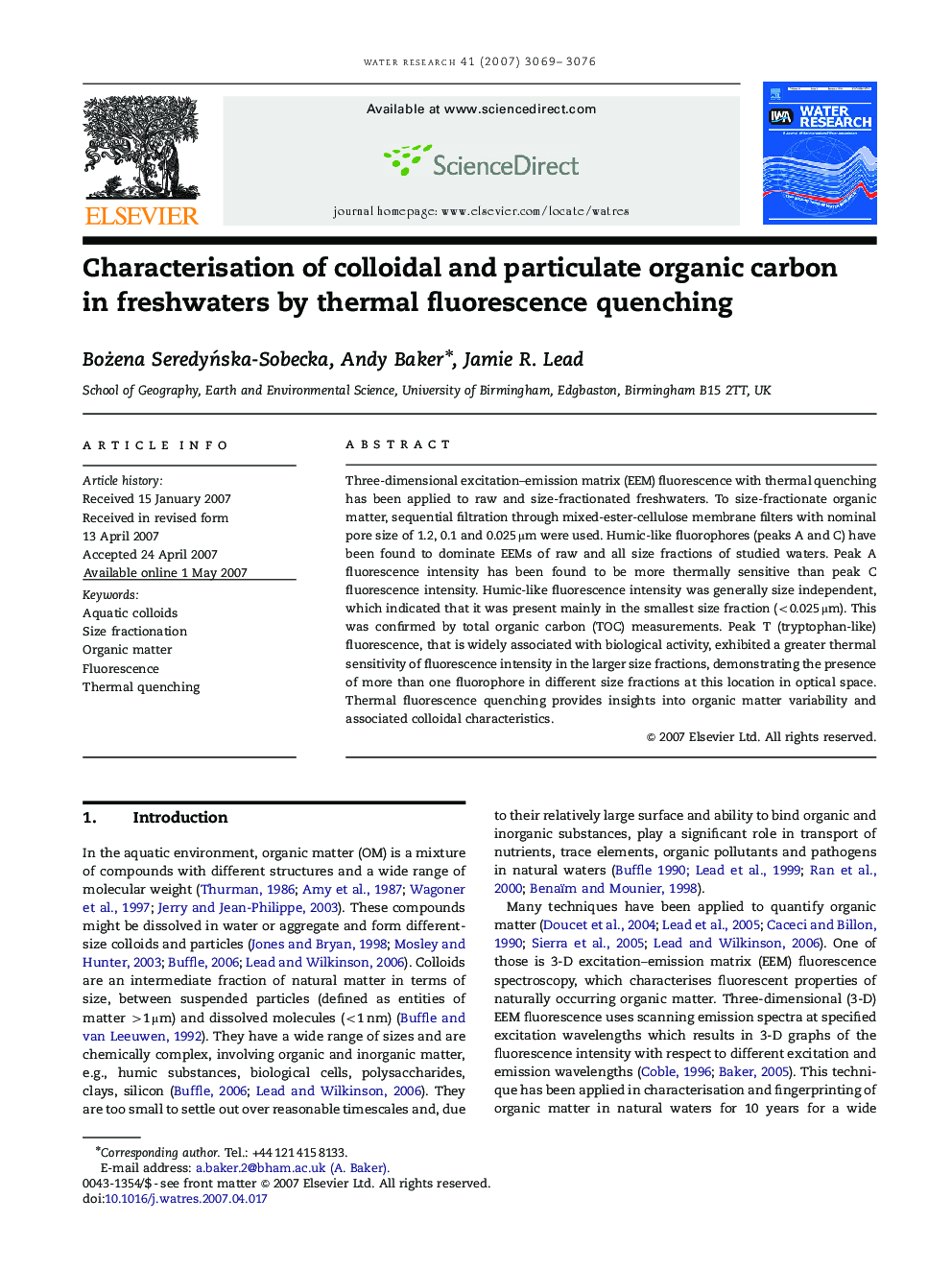 Characterisation of colloidal and particulate organic carbon in freshwaters by thermal fluorescence quenching