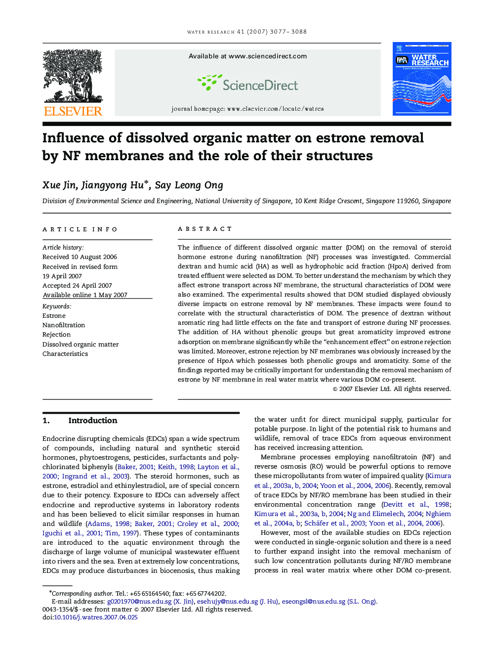 Influence of dissolved organic matter on estrone removal by NF membranes and the role of their structures