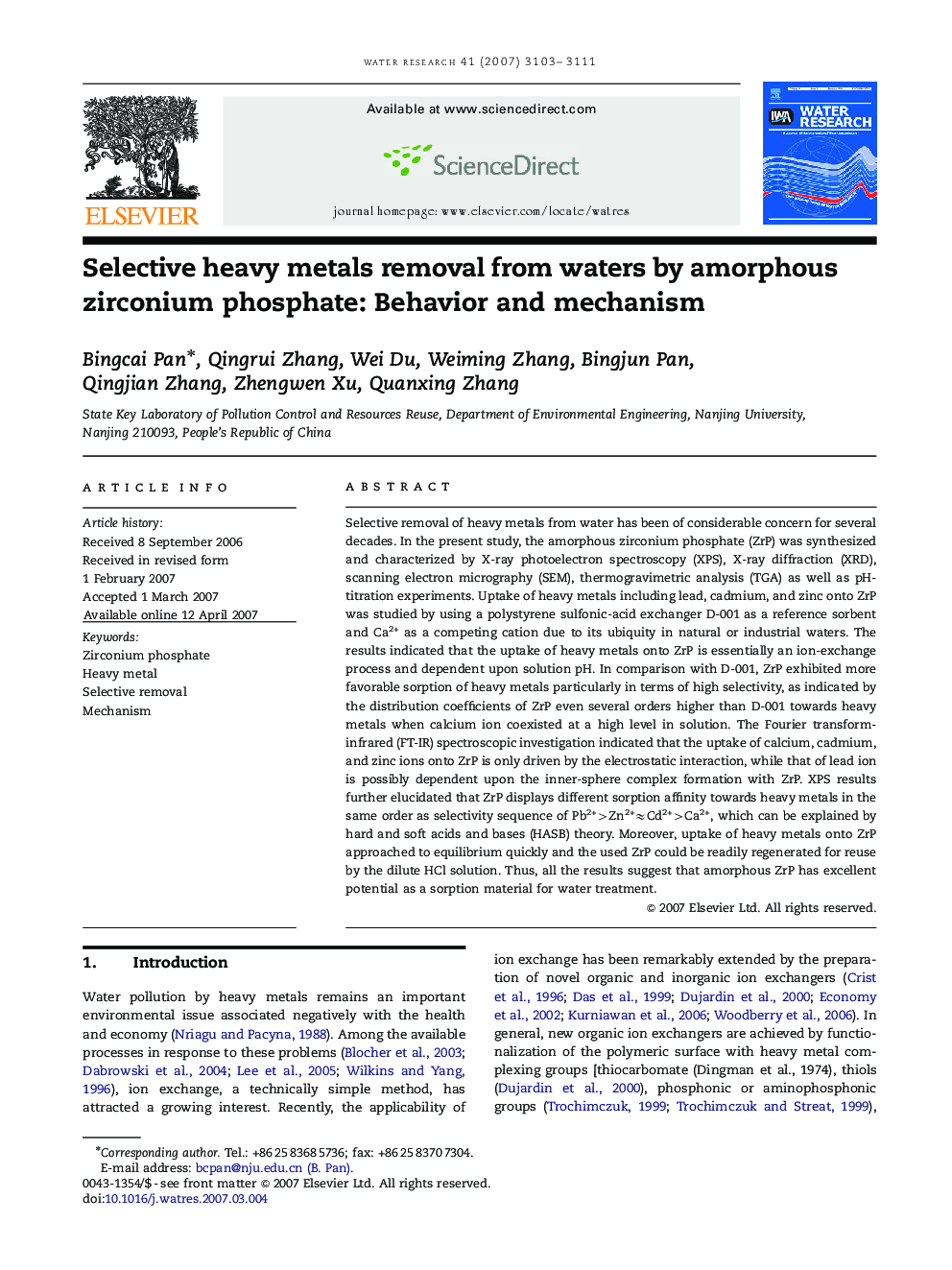 Selective heavy metals removal from waters by amorphous zirconium phosphate: Behavior and mechanism