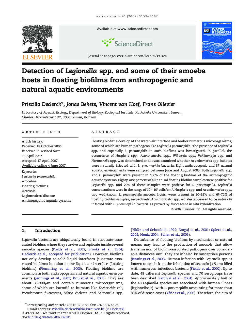 Detection of Legionella spp. and some of their amoeba hosts in floating biofilms from anthropogenic and natural aquatic environments