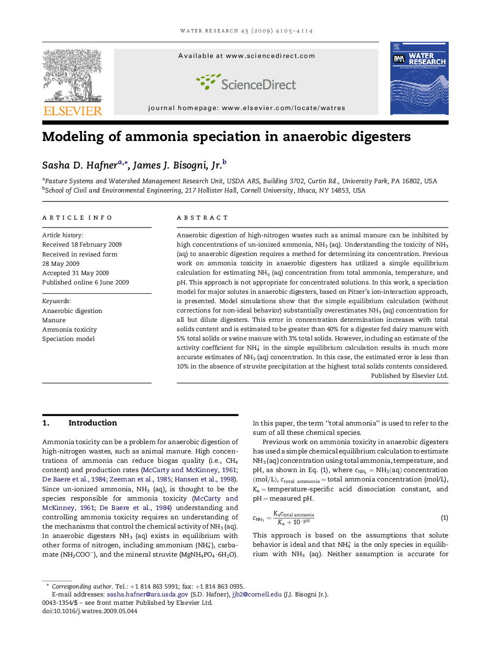 Modeling of ammonia speciation in anaerobic digesters