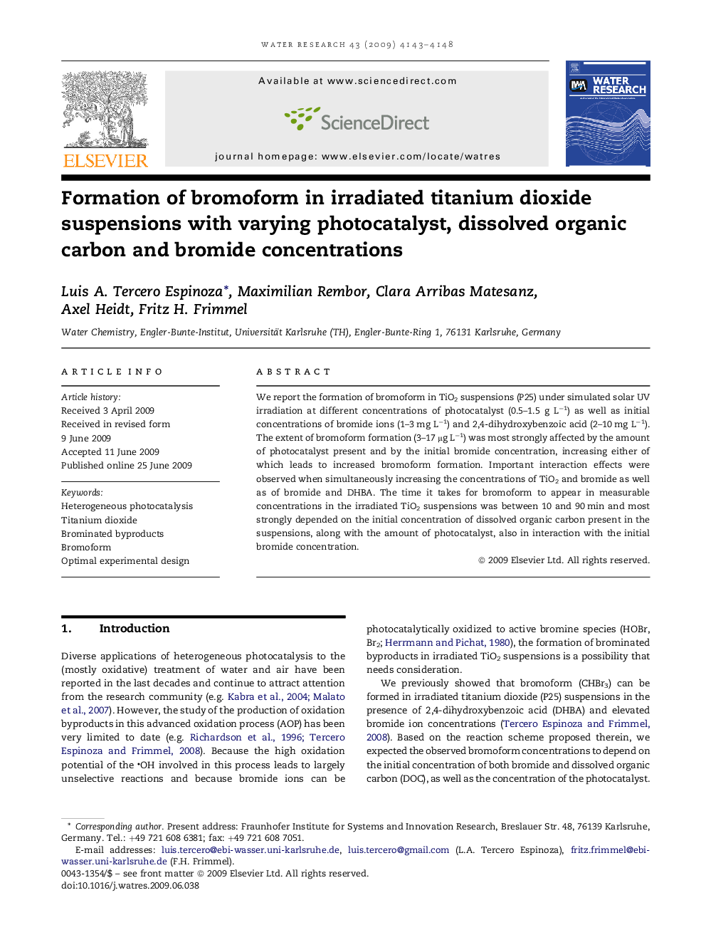 Formation of bromoform in irradiated titanium dioxide suspensions with varying photocatalyst, dissolved organic carbon and bromide concentrations