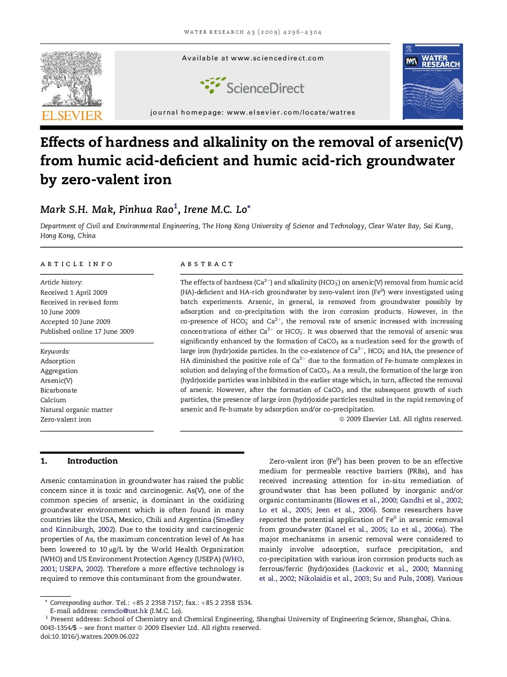 Effects of hardness and alkalinity on the removal of arsenic(V) from humic acid-deficient and humic acid-rich groundwater by zero-valent iron