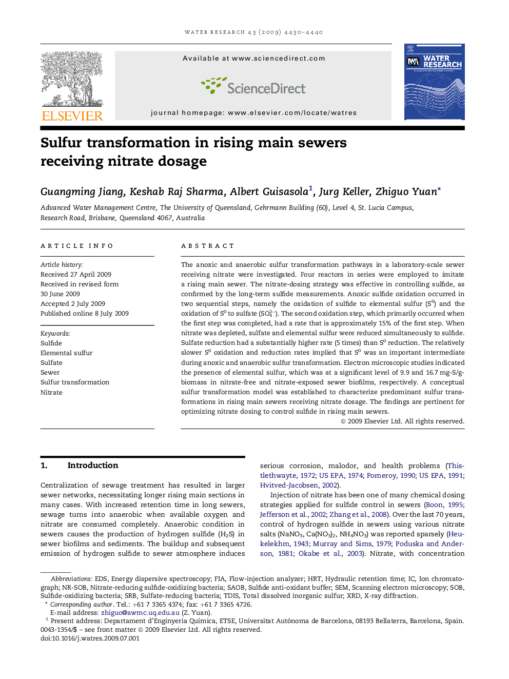 Sulfur transformation in rising main sewers receiving nitrate dosage