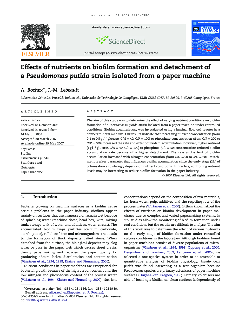 Effects of nutrients on biofilm formation and detachment of a Pseudomonas putida strain isolated from a paper machine