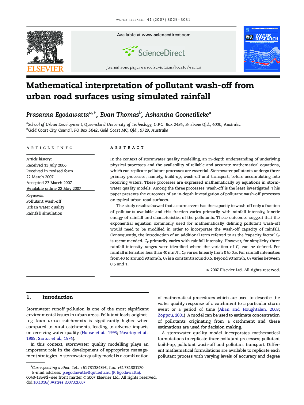 Mathematical interpretation of pollutant wash-off from urban road surfaces using simulated rainfall