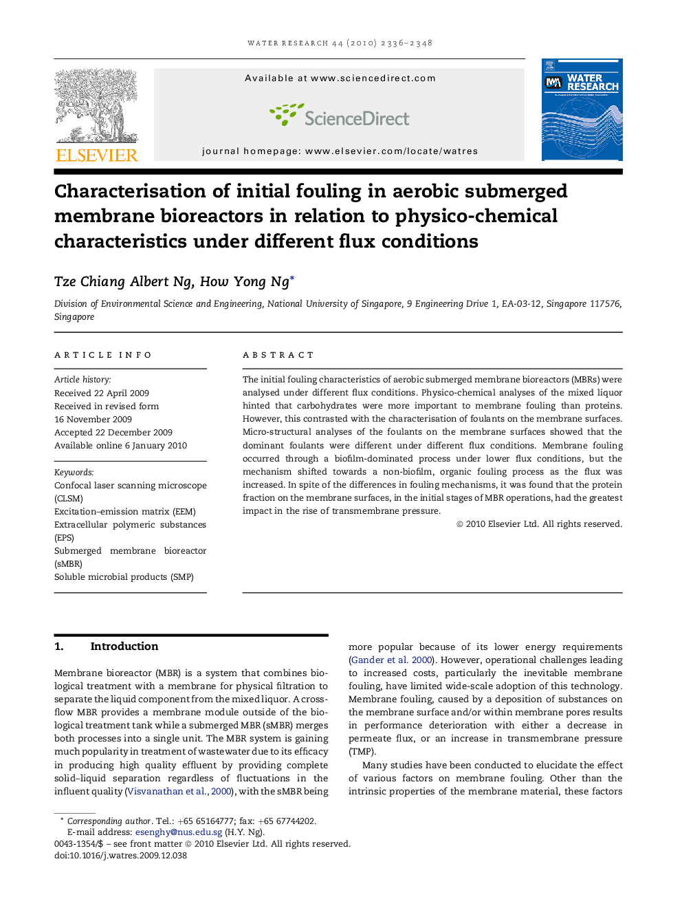 Characterisation of initial fouling in aerobic submerged membrane bioreactors in relation to physico-chemical characteristics under different flux conditions