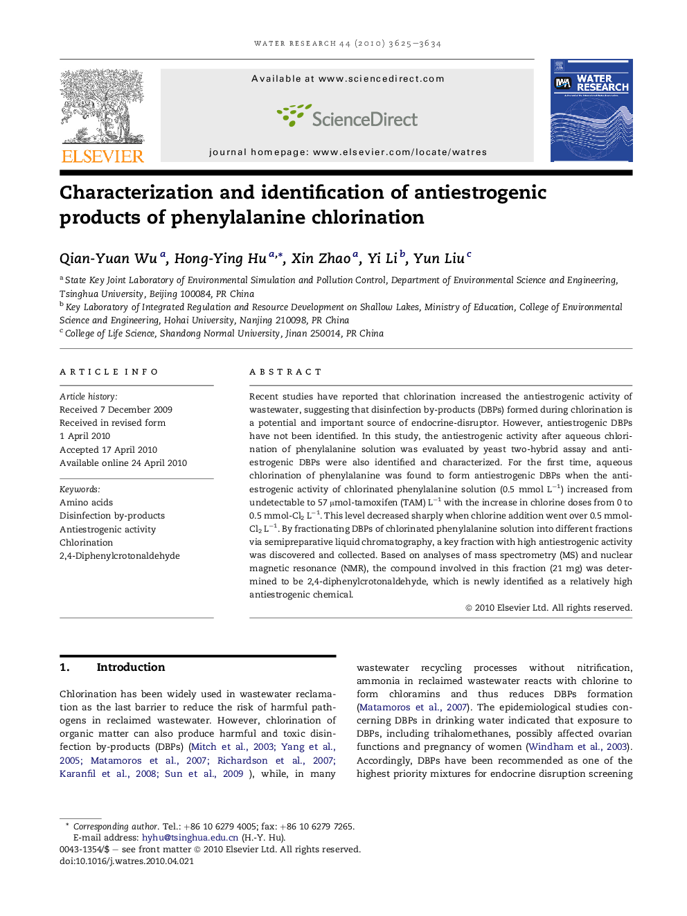 Characterization and identification of antiestrogenic products of phenylalanine chlorination