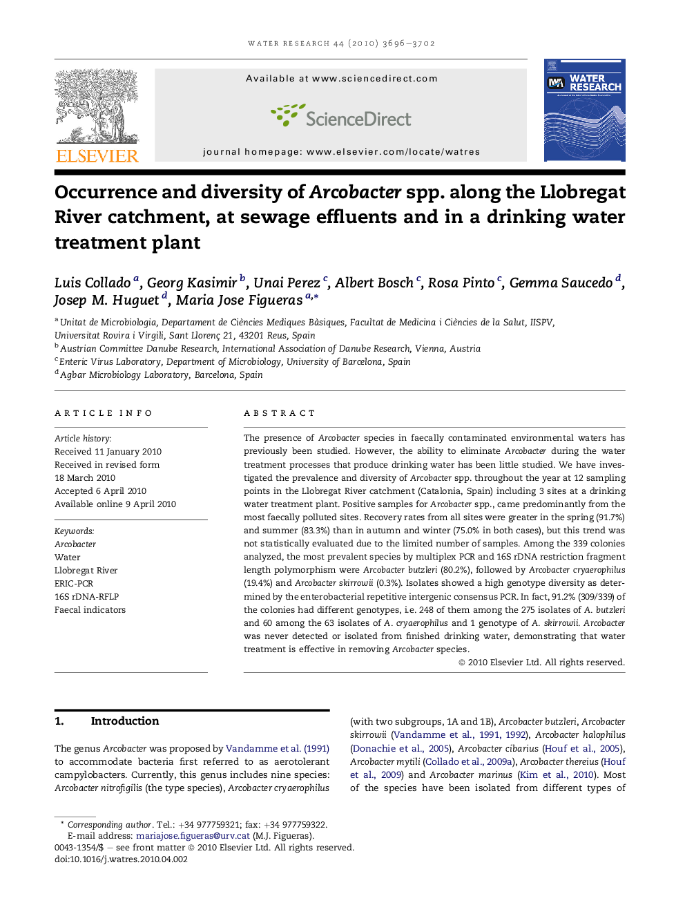 Occurrence and diversity of Arcobacter spp. along the Llobregat River catchment, at sewage effluents and in a drinking water treatment plant