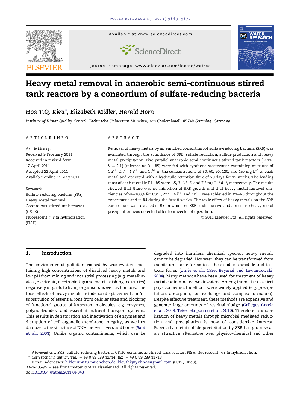 Heavy metal removal in anaerobic semi-continuous stirred tank reactors by a consortium of sulfate-reducing bacteria