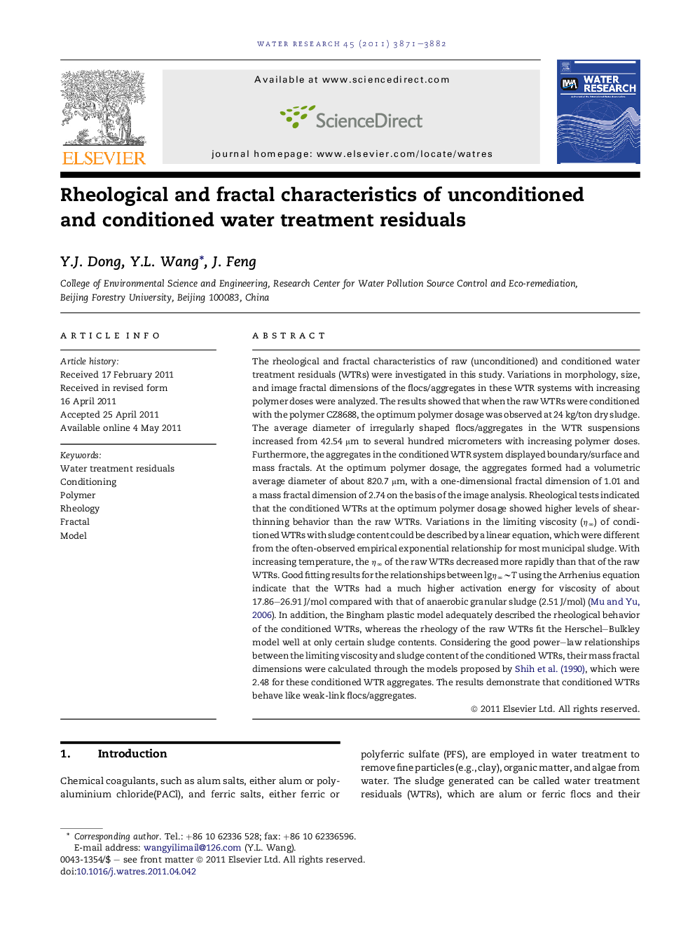 Rheological and fractal characteristics of unconditioned and conditioned water treatment residuals