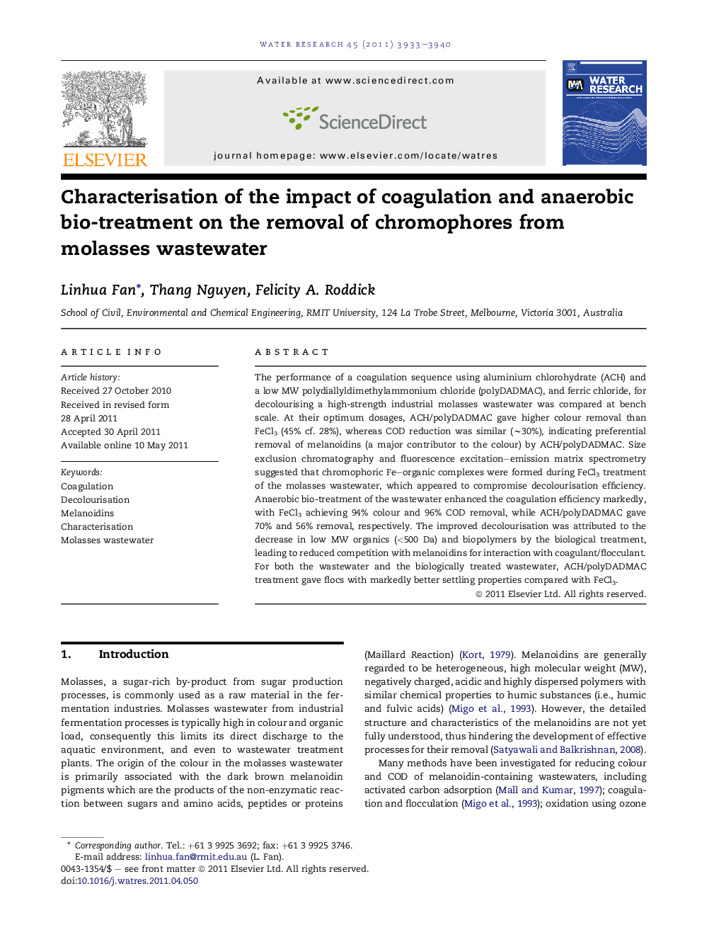 Characterisation of the impact of coagulation and anaerobic bio-treatment on the removal of chromophores from molasses wastewater